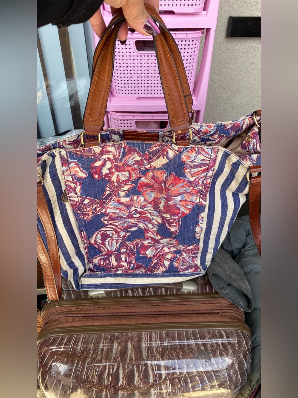 Tommy Bahama Navy Floral Canvas Tote with Brown Leather Handles